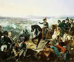 Représentation d'une bataille avec au premier plan des blessés et des officiers à cheval.