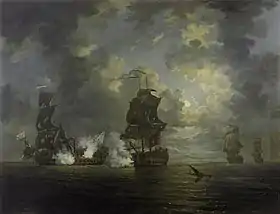 Le Foudroyant désemparé par les coups du HMS Monmouth, lors de la bataille de Carthagène, le 28 février 1758.