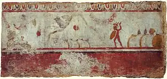 Bataille des Fourches Caudines où sont représentés des soldats samnites. Fresque lucanienne, musée archéologique national de Pæstum, vers 320 av. J.-C.