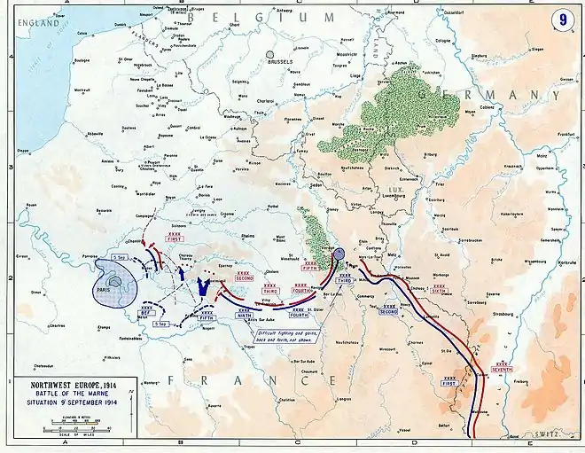Carte montrant le front, formant un arc de cercle de Meaux jusqu'à Verdun.