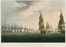 Gravure montrant une ligne serrée de 13 navires portant le drapeau français. Ces derniers ouvrent le feu sur huit navires arborant le drapeau britannique qui approche par la droite de l'image.