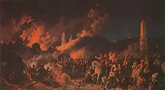 Le combat dans le village incendié, toile de Peter von Hess (1792-1871)