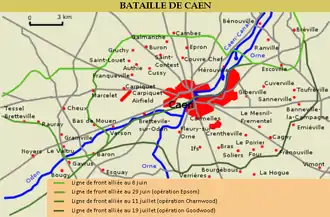 Carte indiquant la position de la ligne de front à différentes dates lors de la bataille de Caen.