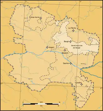 Localisation de la sénéchaussée de Baugé en Anjou.