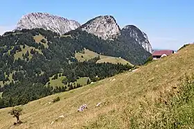 Vue depuis le refuge de Bornette au sud-est du roc de Four Magnin encadré à gauche par le roc des Bœufs et à droite par les rocs de la Combe.