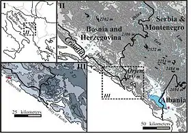 Carte des bouches de Kotor entre le mont Lovcen et l'Orjen.