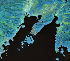 Image satellite du golfe de Pierre-le-Grand avec la baie de l'Amour (nord-ouest) séparée de la baie de l'Oussouri (sud-est) par la péninsule Mouraviov-Amourski.