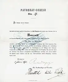 Certificat de patronage pour le financement du festival de Bayreuth, émis le 1er février 1872, signé en original par Richard Wagner. En payant 300 thalers, le détenteur du billet acquérait le droit d'assister à trois représentations du jeu de scène Der Ring des Nibelungen.