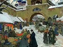 Tableau d'un bazar sous la neige avec personnages en manteaux, toques et fichus à la russe, et dans un coin les coupoles d'une église