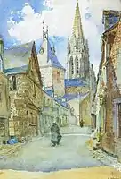 La rue de l'église, aquarelle d'Alexandre Miniac.