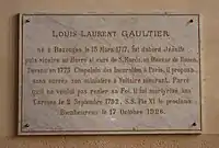 Plaque commémorative du bienheureux Louis Laurent Gaultier en l'église de Bazouges-la-Pérouse.