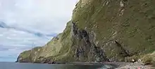  Falaise imposante de l'île avec une petite plage à son pied