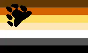 Drapeau présentant 7 bandes de couleur marron, marron/orangé, jaune, beige, blanc, gris et noir, et une empreinte de patte d’ours noire en haut à gauche.