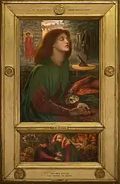 Tableau en deux parties, avec un cadre doré, représentant une femme en prière, vêtue comme au Moyen Âge. Un oiseau rouge vient lui porter deux fleurs de pavot. La deuxième partie du tableau représente Dante et Béatrice.