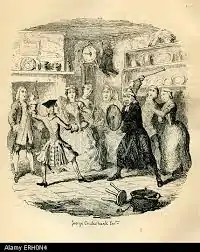 Lithographie, salle d'auberge, femmes effrayées, jeune homme ayant tiré l'épée, dandy vêtu de noir sur la défensive.