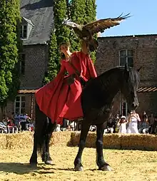 Cheval noir monté sans selle ni bride,, un rapace volant au-dessus