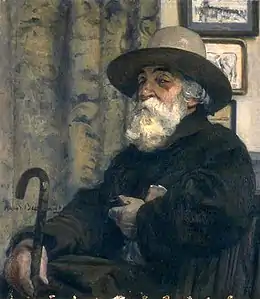 tableau ; portait d'un homme à la barbe blanche avec un chapeau et une canne.