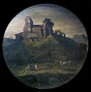 Henry Ferguson, Paysage avec bergère et troupeau dans des ruines antiques