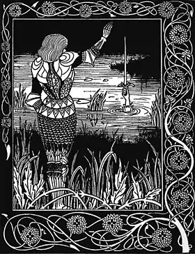 Bedivere jetant Excalibur à la Dame du Lac.Illustration d'Aubrey Beardsley, tirée de Le Morte d'Arthur de Sir Thomas Malory (1894).