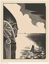 Statue de Saint-Nicolas au port de Tréboul, gravure sur bois (1927).