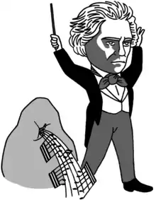 Caricature de Beethoven debout, tel Moïse, baguette levée près d'un rocher déversant un flot de notes.