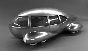 Model of "teardrop" car designed by Norman Bel Geddes.