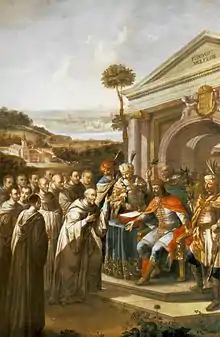 Tableau d'un souverain sur son trône, recevant une assemblée de nombreux dignitaires.