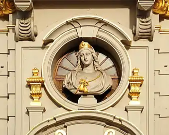 Buste de sainte Barbe sur la façade de la Maison de la Chaloupe d'Or sur la Grand-Place de Bruxelles (Godefroid Van den Kerckhove, 1872).