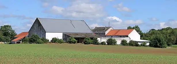 La ferme vue depuis le boulevard de Lauzelle :la grange, le corps de logis et les écuries.
