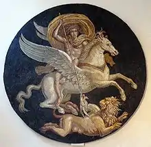 Un cavalier monté sur un cheval ailé blanc pourfend un monstre de sa lance.
