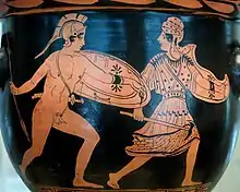 Combat d'Achille et de Penthésilée, cratère en cloche lucanien de la fin du Ve siècle av. J.-C., Musée national archéologique de Madrid