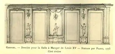 Paroi du côté de la Seine du grand salon de Bellevue, 1773. Non achevé à la mort de Louis XV en 1774. Archives nationales.