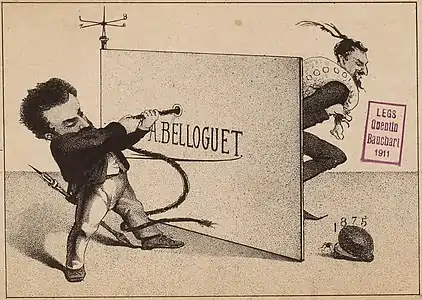 Autoportrait de Belloguet tirant le diable par la queue (carte de visite ou de vœux, 1875).