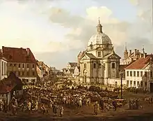 Place du marché de Varsovie avec l'église Saint-Casimir, par Canaletto, 1770.