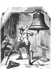 Un homme âgé semble excité alors qu'un garçon entre dans la salle du clocher. Le vieil homme tient une corde reliée à la Liberty Bell dans sa main.