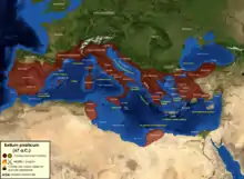 Carte de la Méditerranée avec les territoires romains et les noms et emplacement des légats de Pompée.