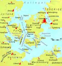 Carte des détroits du Danemark avec le Grand Belt (Storebælt) entre Seeland (Sjælland) et la Fionie (Fyn).