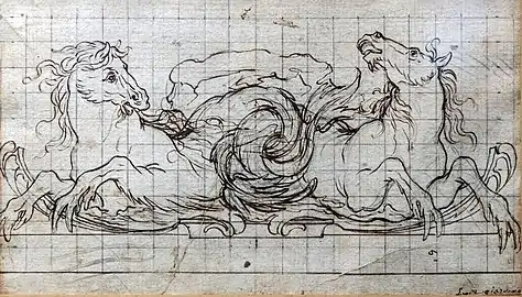 Étude de deux chevaux tritons par Luca Giordano
