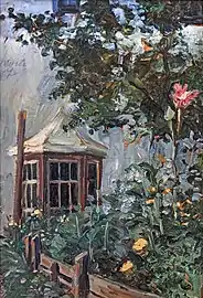 Peinture colorée montrant de la verdure, des fleurs et un pavillon de bois au fond