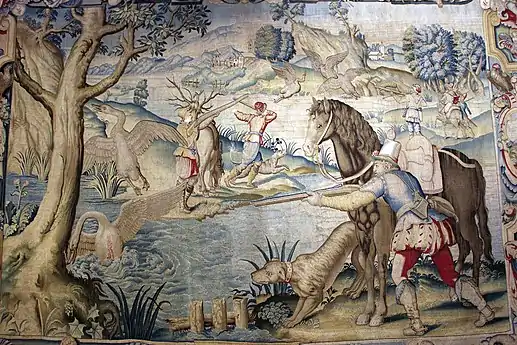 Benedetto Squilli, sur le dessin d'Alessandro Allori, La Chasse au cygne, 1578, pour la Villa médicéenne de Poggio a Caiano.