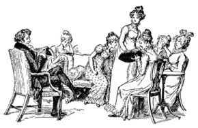 Gravure. Un couple âgé assis et cinq jeunes filles, dont une debout