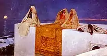 Sur un toit-terrasse, trois femmes sont assises sur ou près d'un tapis oriental, un voile sur la tête, l'une d'elles observant la pleine lune qui brille au loin au-dessus de la mer. Un homme noir est couché non loin d'elles.