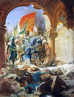 Tableau XIXe : une troupe menée par un cavalier portant un drapeau franchit la porte d'une ville ; des cadavres au premier plan