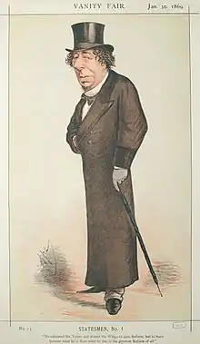 Caricature d'un homme aux traits tirés portant une longue redingote, une canne et un chapeau melon.