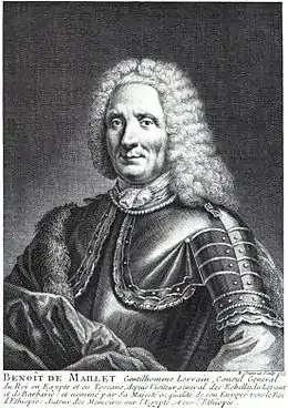 Gravure en noir et blanc d'un gentilhomme du XVIIIe siècle revêtu d'une armure et coiffé d'une perruque.