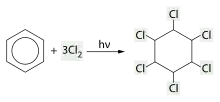 Bilan de la chloration du benzène ; réactifs : benzène et 3 dichlore ; produit : 1,2,3,4,5,6-hexachlorocyclohexane