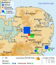 Carte montrant les plus grosses concentrations de pièces à Middle Harling, dans le centre de l'Est-Anglie, et Burrow Hill, dans le sud-est