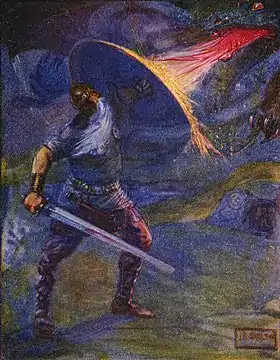 Beowulf affrontant le dragon (illustration de J. R. Skelton, 1908).