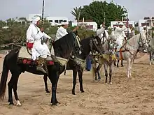 Groupe de cavaliers montés sur des chevaux noirs et gris, vus de profil.