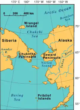 Carte du détroit de Béring avec la péninsule tchouktche à l'ouest.